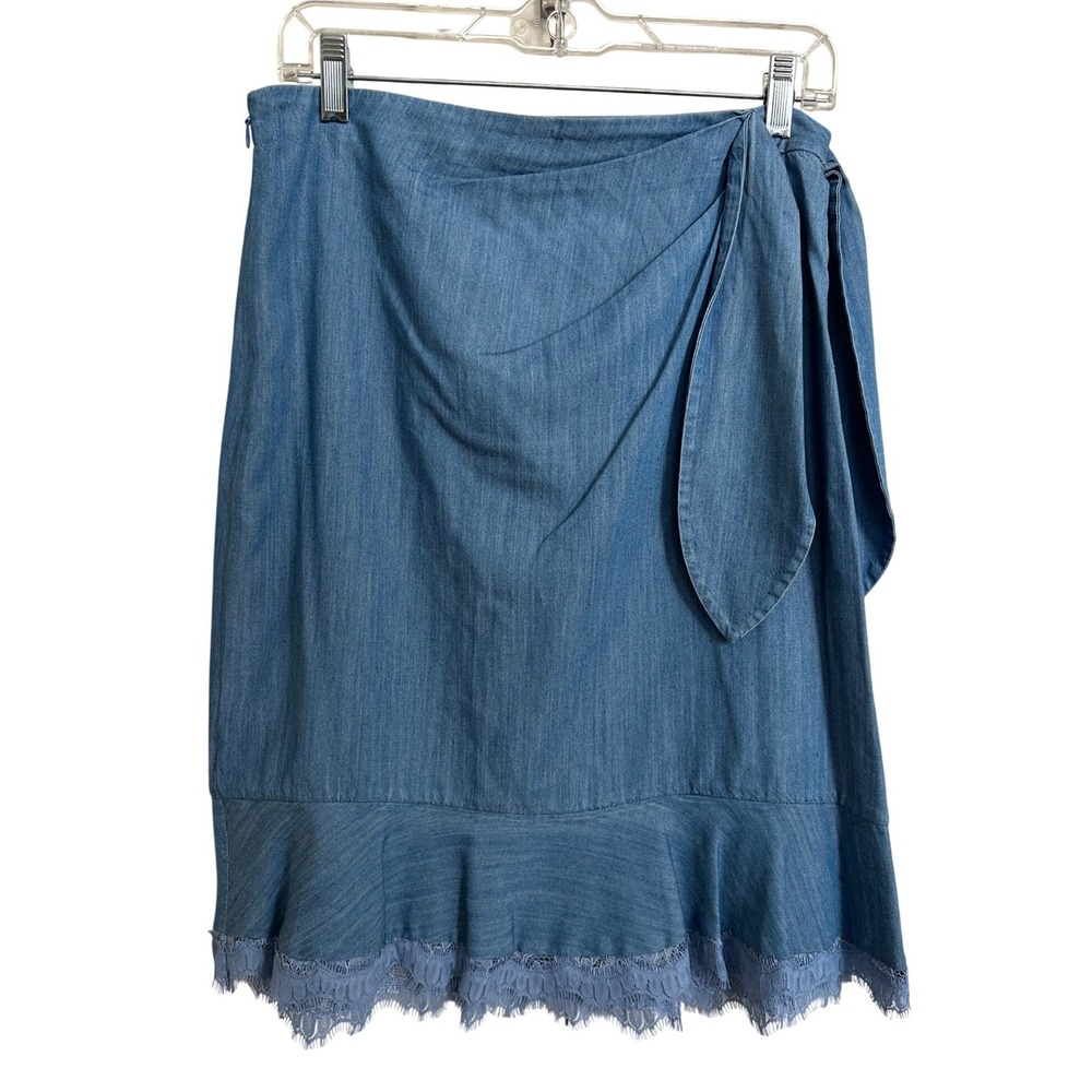 Diane von Furstenberg DVF Blue Chambray Faux Wrap Ruffle Lace Trim Skirt 12